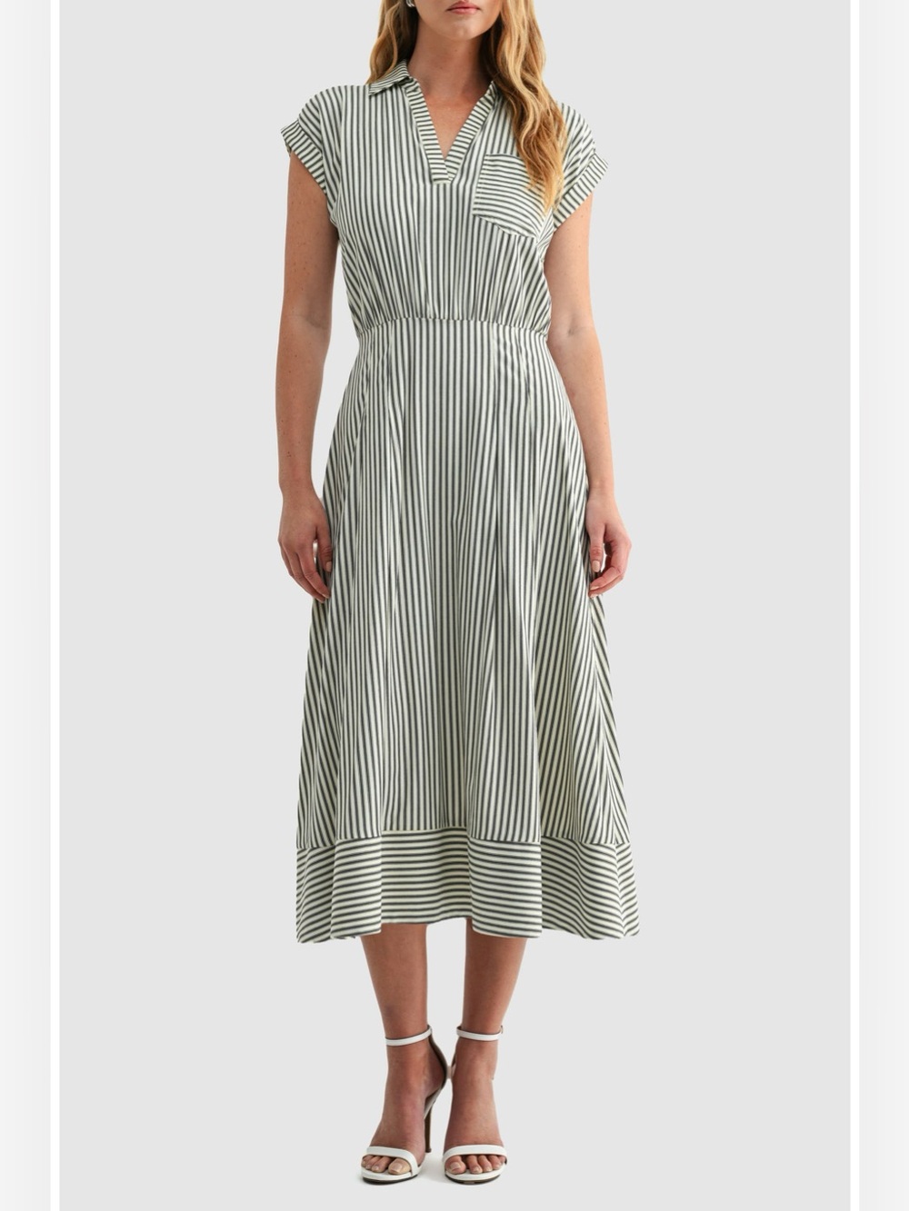 NEW Mila Mae Stripe Collared Short Sleeve A-Line Midi Dress Large